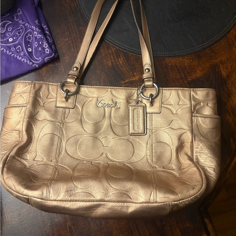 Coach Gold Shoulder Bag with Signature Embossed Leather